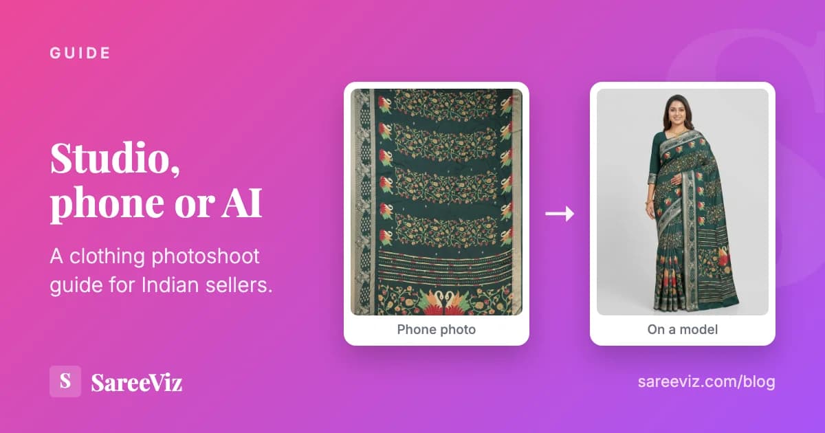 Guide card on the pink to purple brand gradient reading "Studio, phone or AI", beside a cropped phone photo of a green saree and the same saree worn by a model