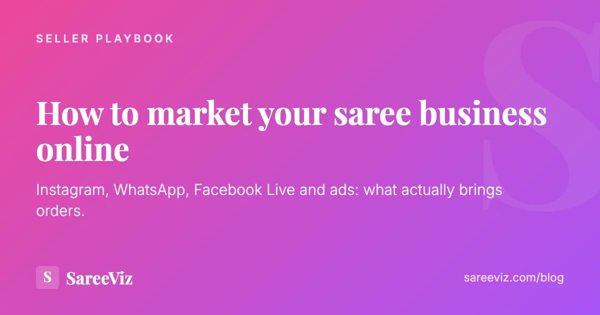 Card on the pink to purple SareeViz gradient reading "How to market your saree business online", with the line "Instagram, WhatsApp, Facebook Live and ads: what actually brings orders"