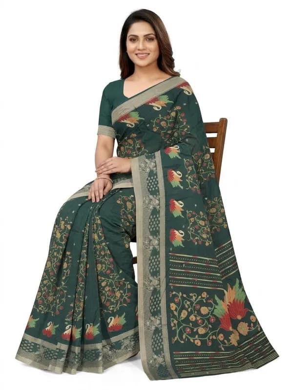 Amazon product photo made by SareeViz: the model seated on a chair wearing the saree, on a pure white background