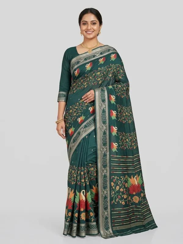 Meesho product photo made by SareeViz: a green printed saree worn by a model, front view on a light grey background