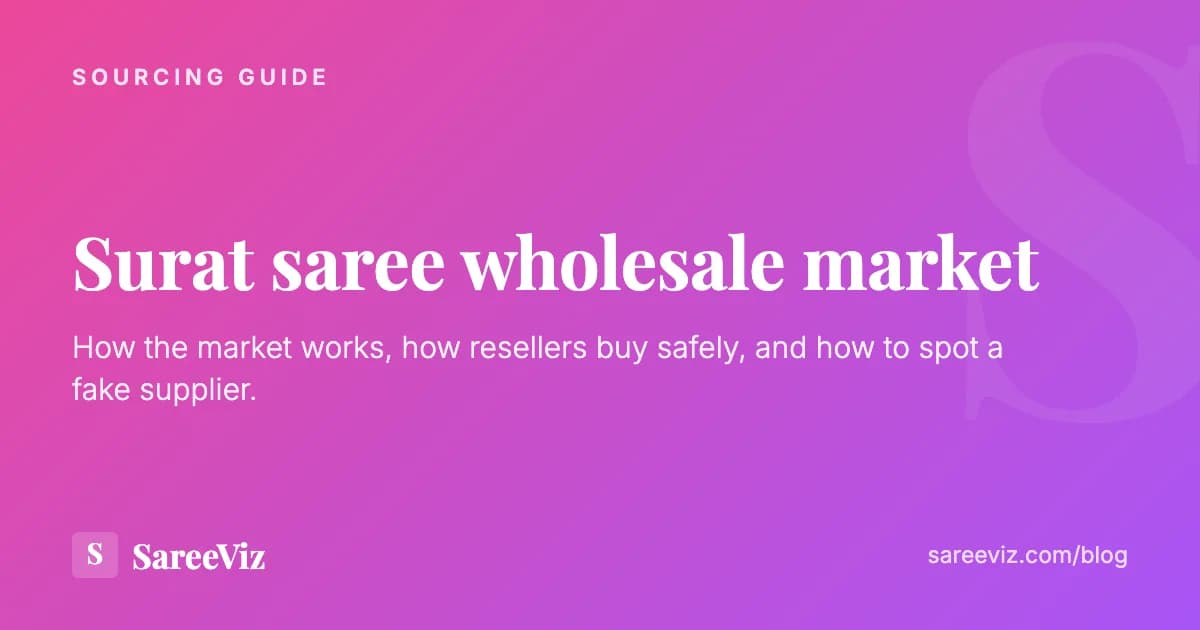 Card on the pink to purple SareeViz gradient reading "Surat saree wholesale market", with the line "How the market works, how resellers buy safely, and how to spot a fake supplier"