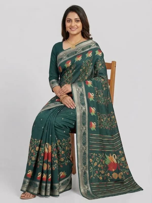 Myntra product photo made by SareeViz: the model seated on a chair in the same saree, on a light grey background