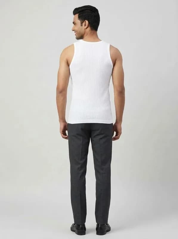 AI innerwear photo: back view of a white ribbed vest on a model