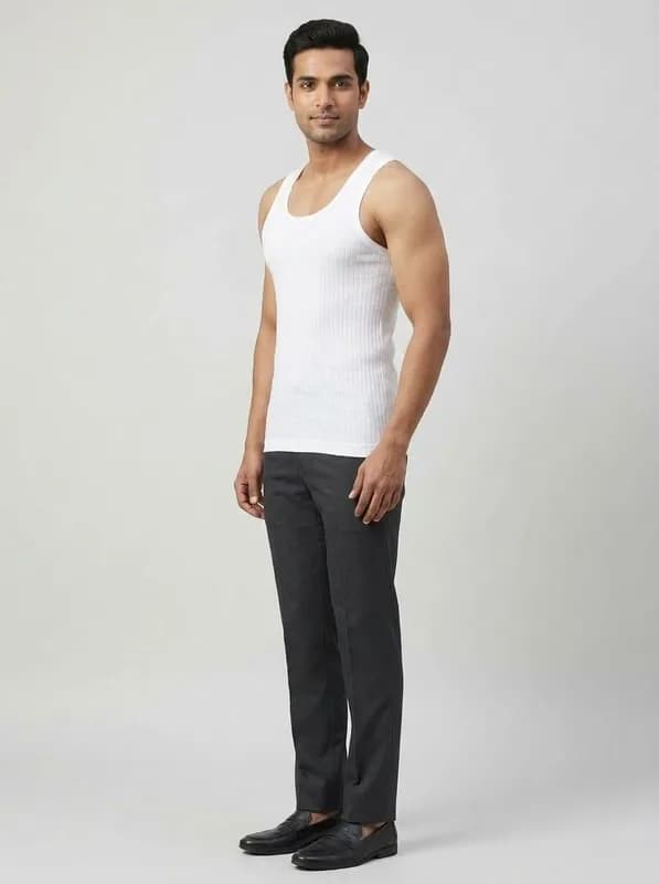AI innerwear photo: side view of a white ribbed vest on a model