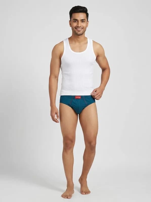 AI innerwear photo: a white ribbed vest and a teal brief on the same model, both from uploaded product photos