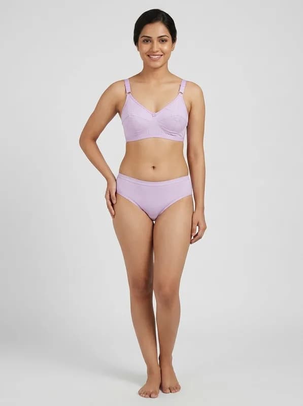 AI lingerie photo: lilac cotton bra and briefs on a model, light grey studio background
