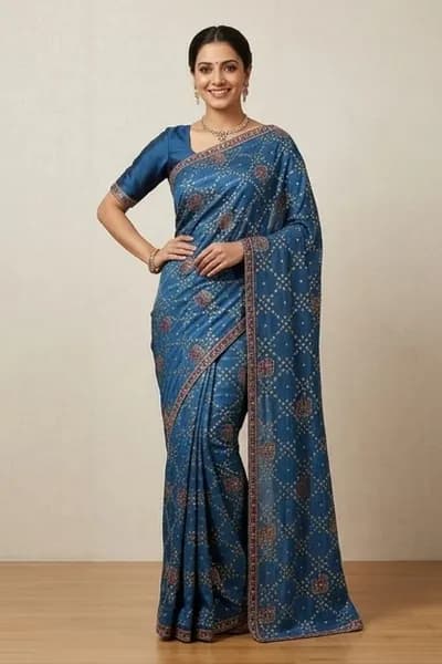 The same blue bandhani saree draped on an AI model, the image the listing needs