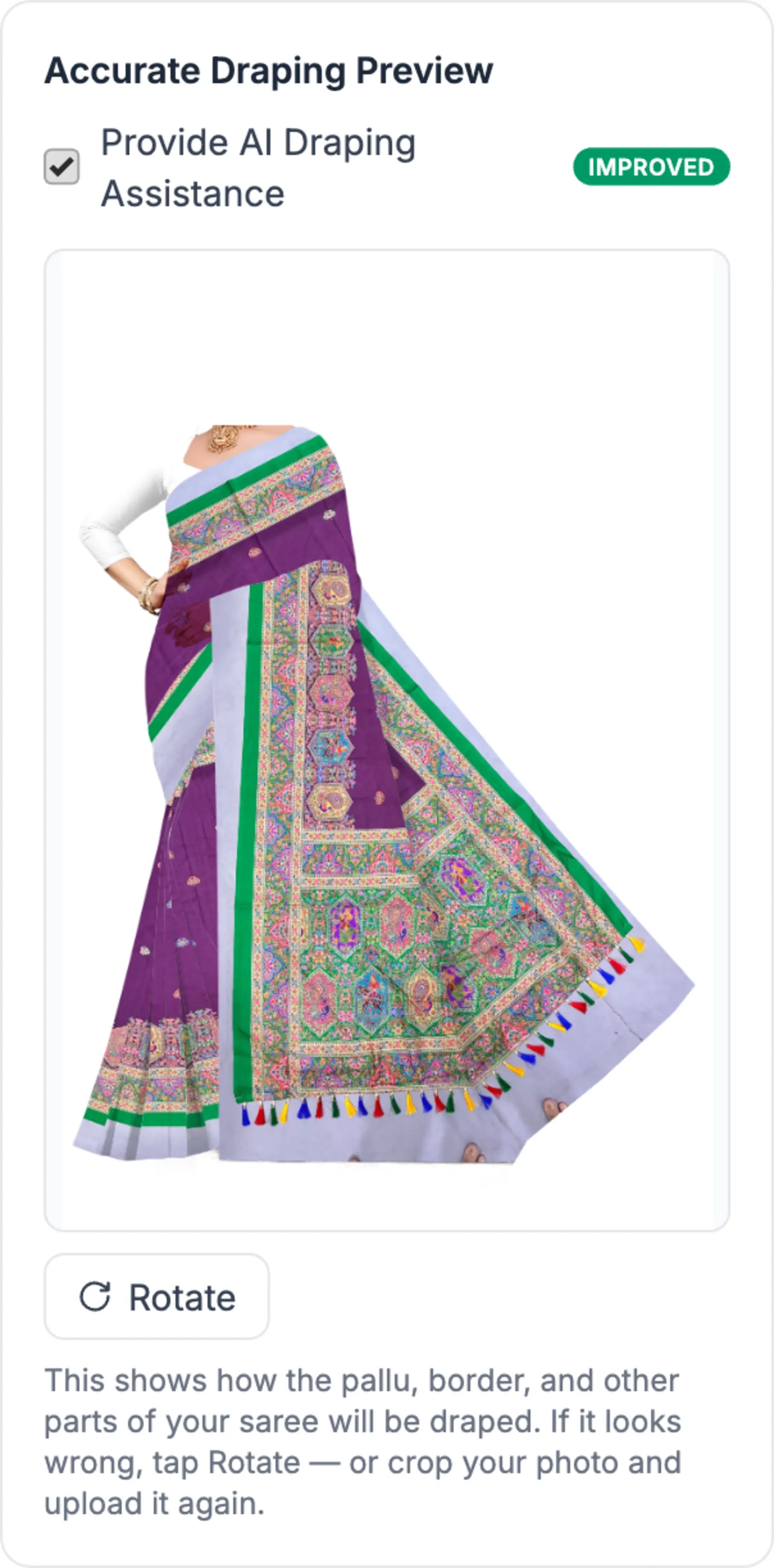 Uncropped photo: the floor shows up as pale patches across the pallu and pleats.