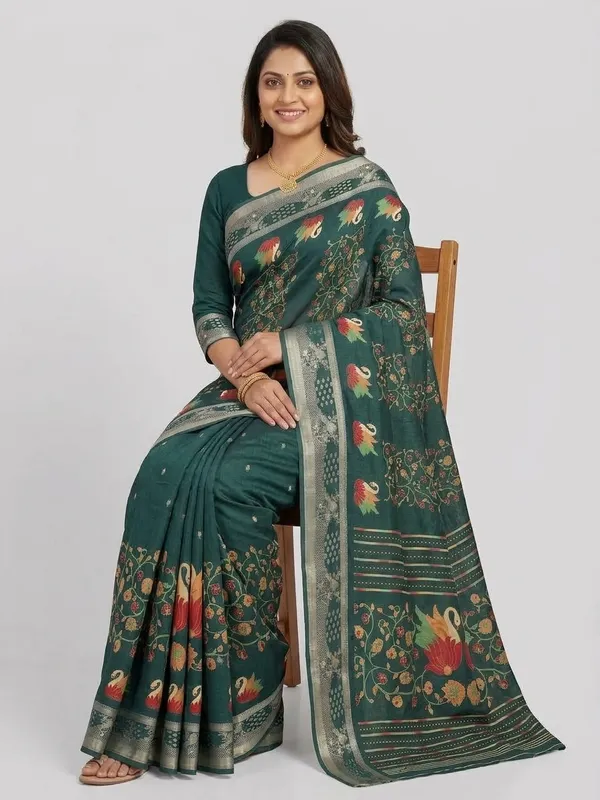 Myntra saree photo made by SareeViz: model seated on a chair, on a light grey background