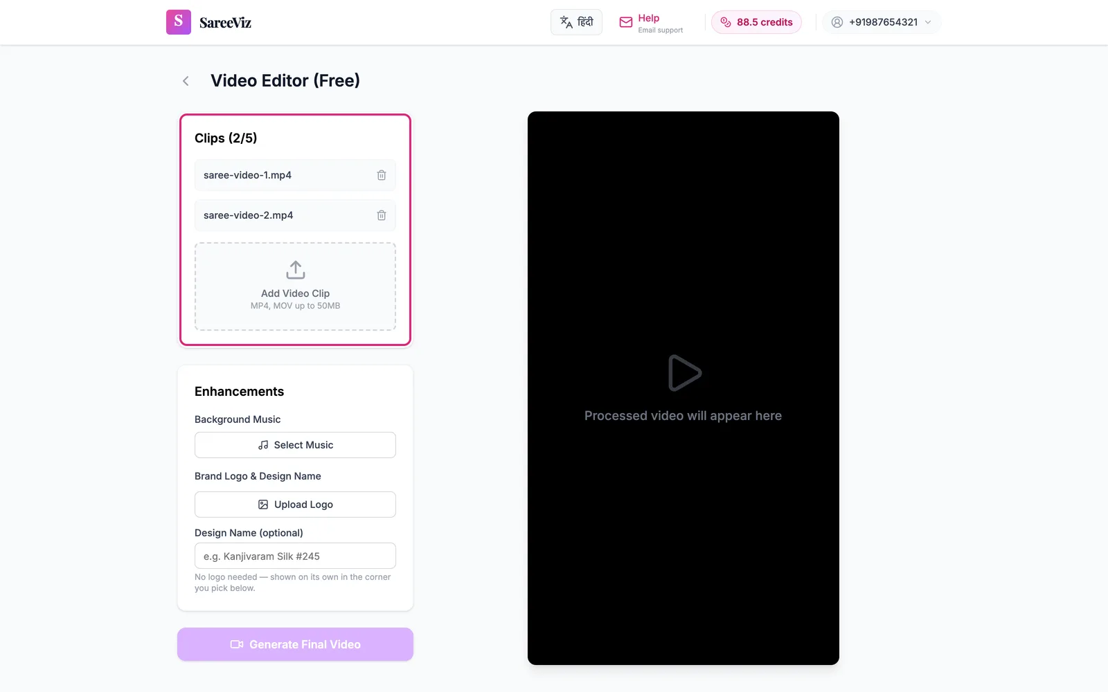 The Video Editor with two clips added and the Enhancements panel below.